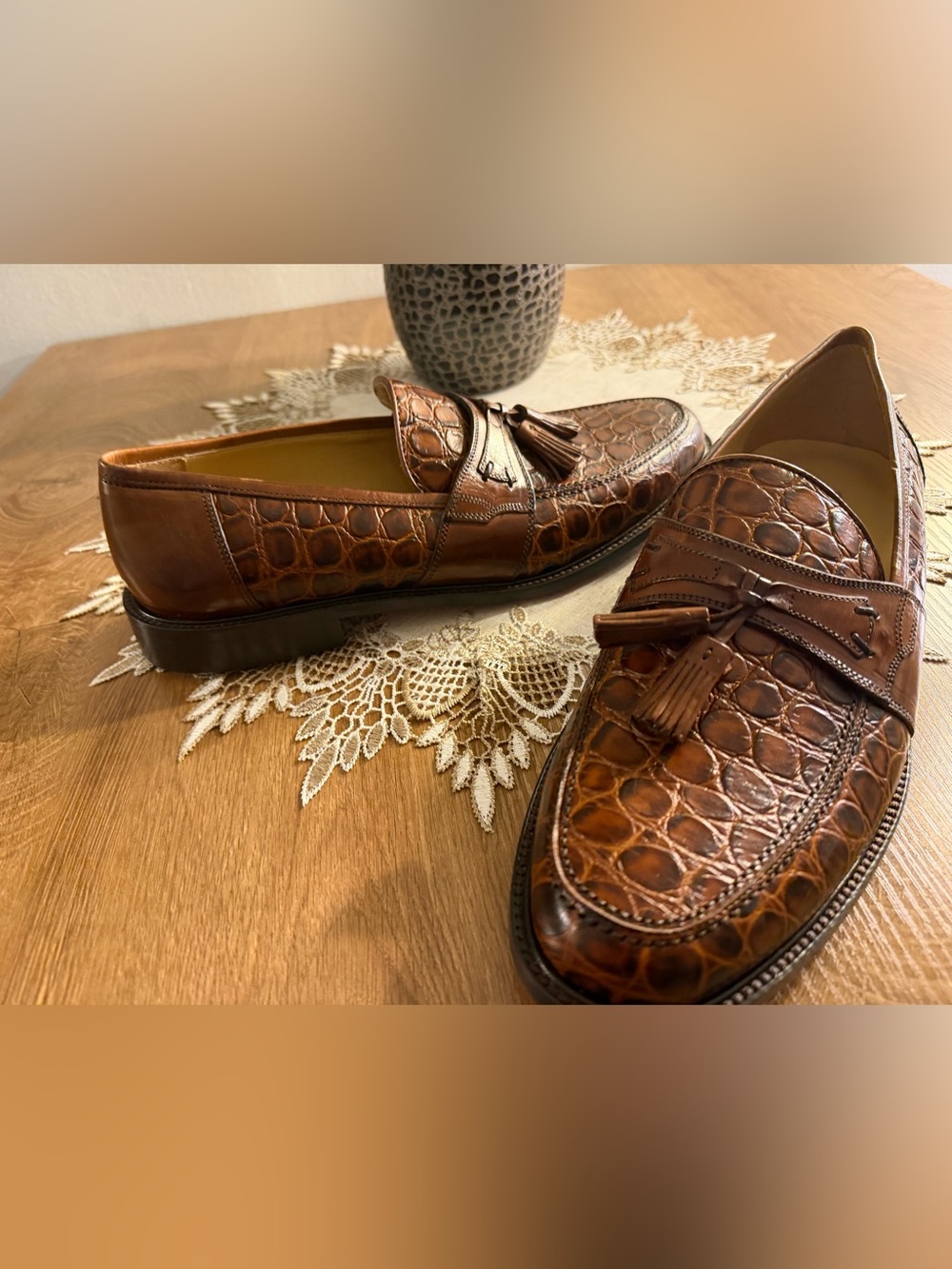 Men’s Johnston & Murphy Leather Tassel Loafers Croc Pattern 9.5 M made in Italy